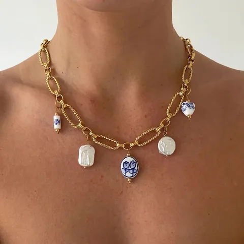 Collana Girocollo In Acciaio Inossidabile Catena Grossa Dorata Con Ciondolo Cuore In Ceramica E Perla Artificial Barocca Stile Porcellana