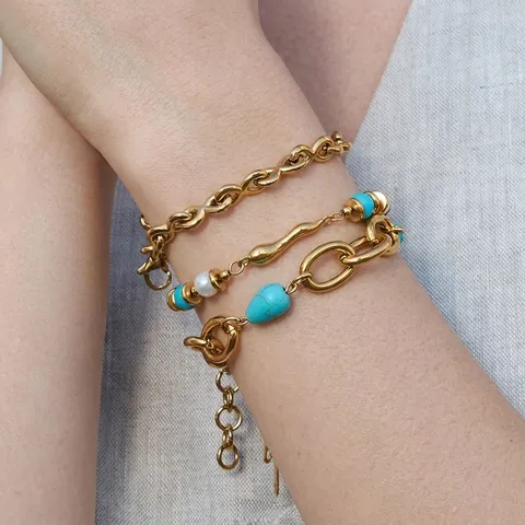 Bracciale Impilabile In Acciaio Inossidabile Placcato Oro Turchese Perla Artificial Gioielli Di Lusso Donna
