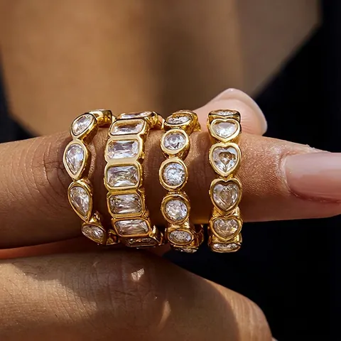 Cubic Zirconia Eternity Band Ring Stainless Steel Waterproof Hypoallergenic Heart Shape Elegant Jewelry Women