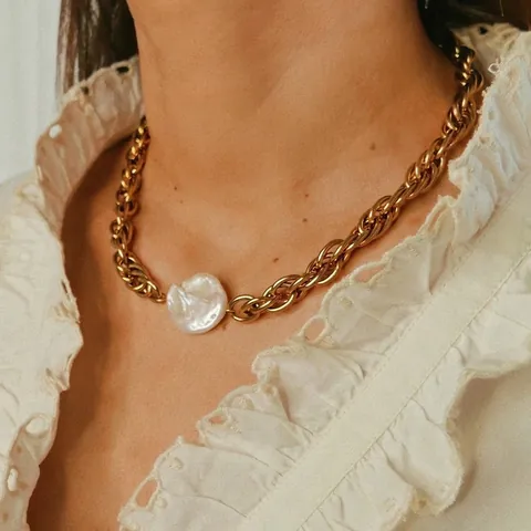 Vintage Stainless Steel Artificial Pearl Pendant Necklace 18K Gold Plated Thick Chain Ins Style Fashion Jewelry For Women