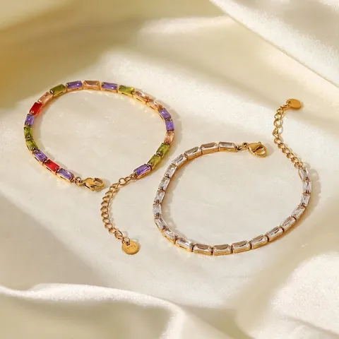 18K Gold Plated Stainless Steel Tennis Bracelet For Women Square Clear Colorful Cubic Zirconia Elegant Adjustable Jewelry