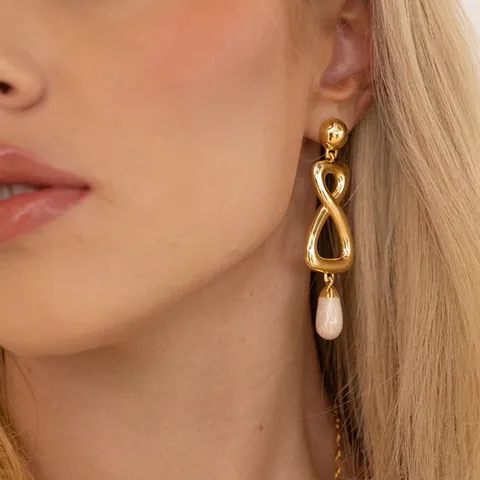 Lussuosi Orecchini a Pendente in Acciaio Inossidabile Placcato Oro Con Simbolo Infinito e Perla Artificiale da Donna Gioielli