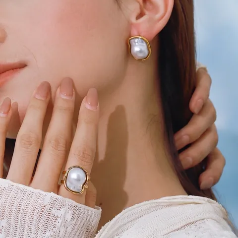 Barok Kunstparels Sieraden Roestvrij Staal Verguld Onregelmatige Oorbellen En Ring Voor Dames Elegante Nichestijl