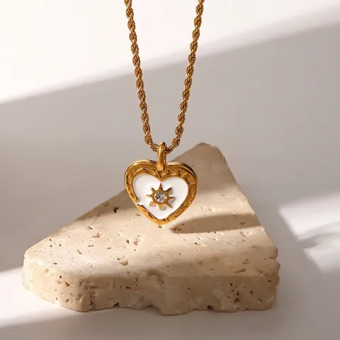 Herz Anhänger Halskette Edelstahl Weiß Emaille Sternschliff Zirkonia Kordelkette Vintage Stil Für Damen