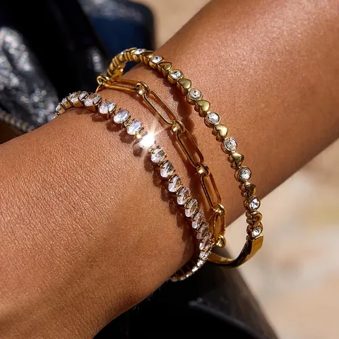 Bracelet Jonc Chaîne Cœur En Acier Inoxydable Zircone Pour Femmes Étanche Hypoallergénique Bijoux En Or