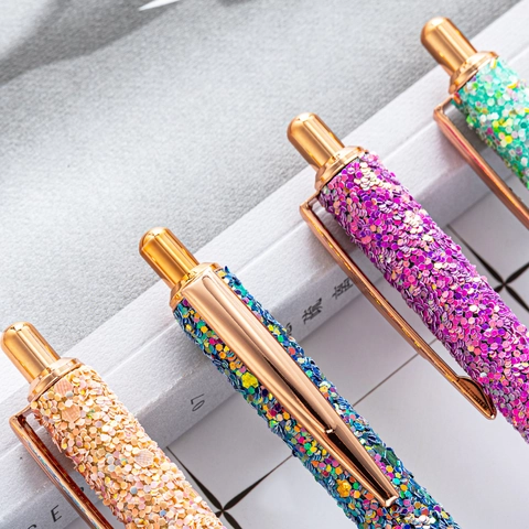 Luxury Glitter Sequin Retractable Ballpoint Pen Metal Rose Gold Trim Fashion Writing Tool For Office School Students Gift