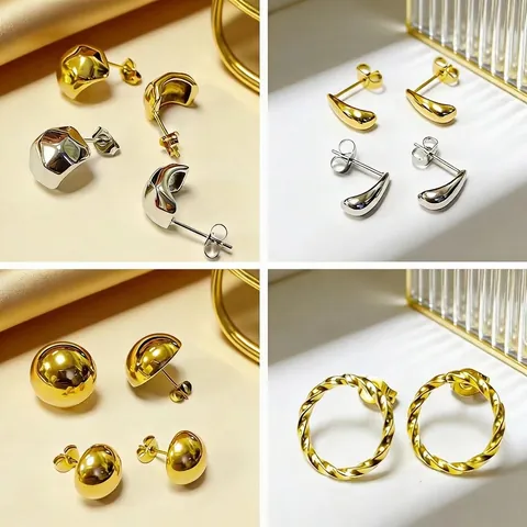 Stainless Steel Stud Earrings 18K Gold Plated Irregular Geometric Teardrop Round Ball Twist Minimalist Jewelry For Women