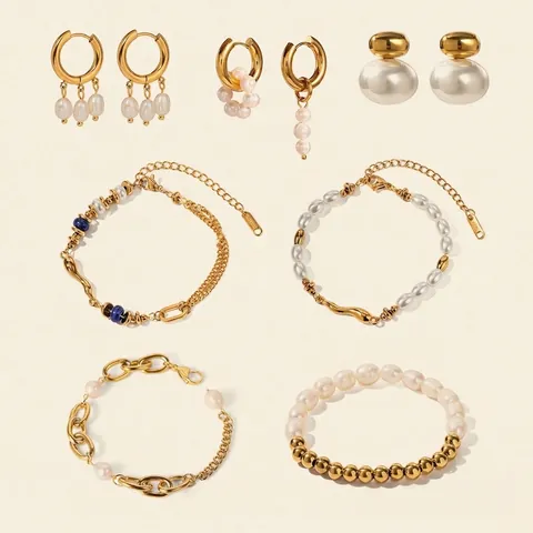 Stainless Steel Artificial Pearl Rhinestone Bracelet Earrings Jewelry Set Gold Plated Geometric Chain For Women Fashion Jewelry