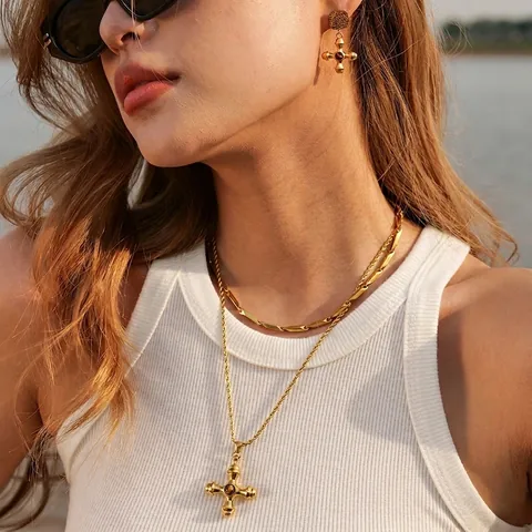 Collana Ciondolo Croce Placcato Oro 18K Acciaio Inossidabile Vintage Pietra Occhio Di Tigre Gioielli Retrò Donna