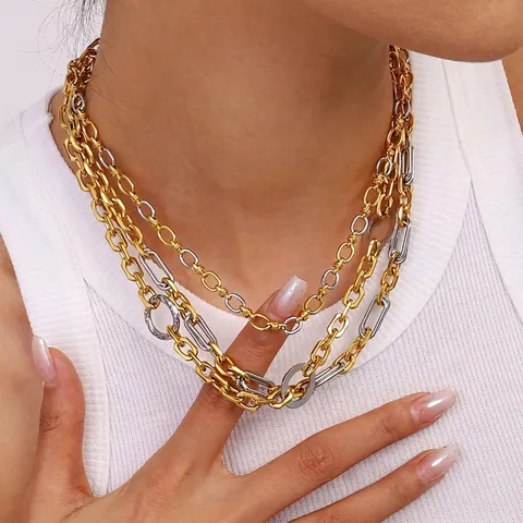 Geometrische Ovalen Schakelketting Roestvrij Staal Tweekleurig 18K Vergulden Waterdicht Hypoallergeen Mode Voor Dames
