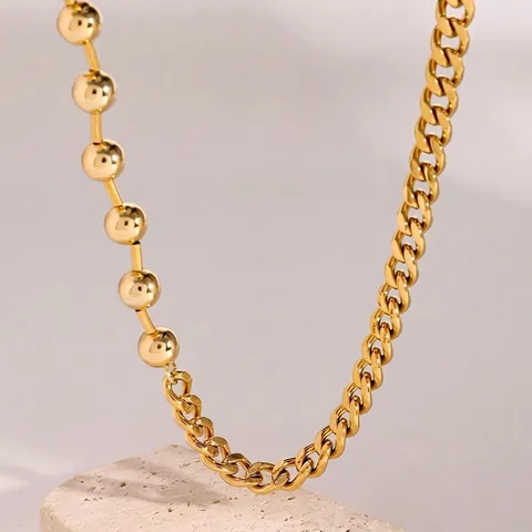 Gold Plated Stainless Steel Asymmetrical Chain Necklace With Bead And Curb Design Toggle Clasp For Women Fashion Jewelry