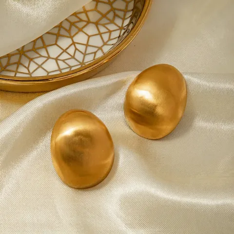 18K Gold Plated Stainless Steel Frosted Brushed Oval Stud Earrings For Women Minimalist Geometric Matte Egg Shaped Jewelry