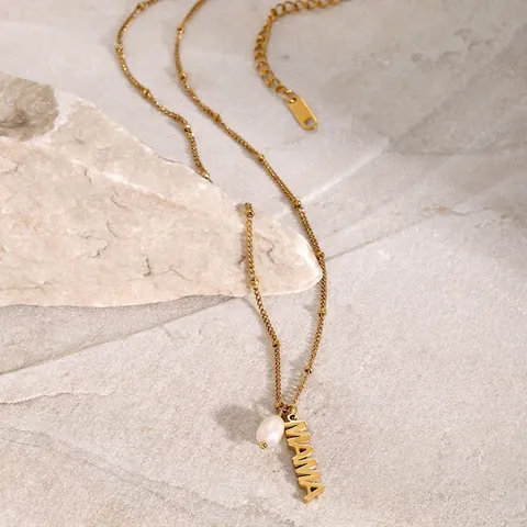 Collier Pendentif Lettre MAMA En Acier Inoxydable Plaqué Or 18K Avec Perle D'eau Douce Chaîne Satellite Cadeau Fête Des Mères