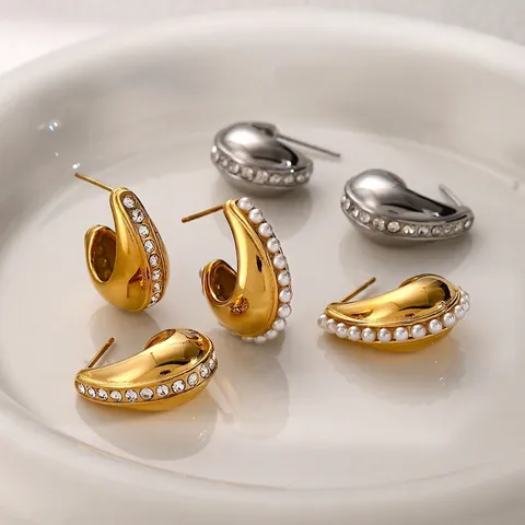 Pendientes de Aro en Forma de C de Acero Inoxidable Minimalistas para Mujer Bañados en Oro de 18K Strass Perla Artificial Joyas de Moda