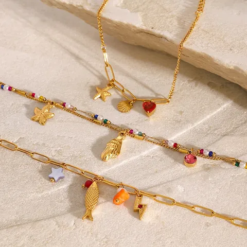 Pulsera De Acero Inoxidable Tema Océano Estrella De Mar Concha Cuentas Coloridas Pez Corazón Impermeable Para Mujeres
