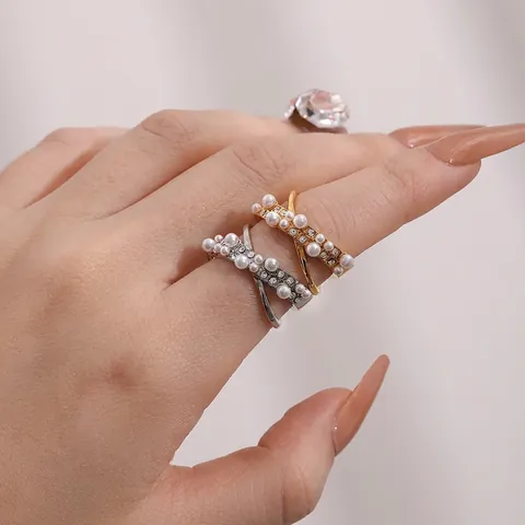 Anello Incrociato In Acciaio Inossidabile Con Perla Artificial Sintetica E Strass Forma A X Gioielli Eleganti Da Donna
