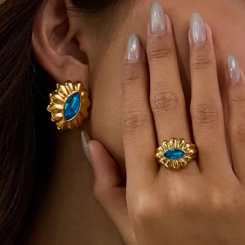 Vintage Blume Edelstahl Schmuck Blauer Zirkon Ring Und Ohrringe Vergoldet Hypoallergen Wasserdicht Für Frauen