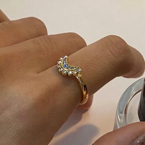 Elegante Anello Aperto Luna Acciaio Inossidabile Placcato Oro 18K Zircone Blu Bianco Gioielli Da Dito Regolabili