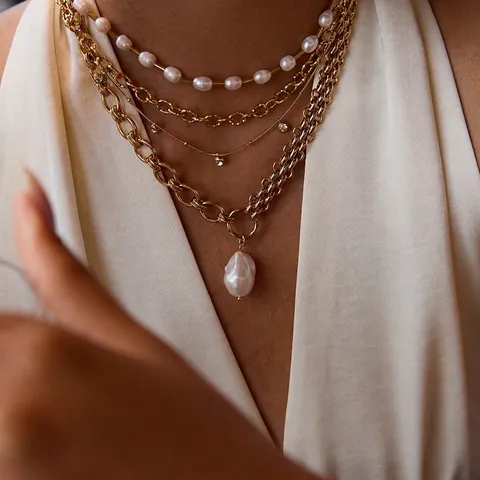 Artificial Baroque Pearl Necklace Stainless Steel Layered Vintage Luxury Waterproof Hypoallergenic Jewelry For Women