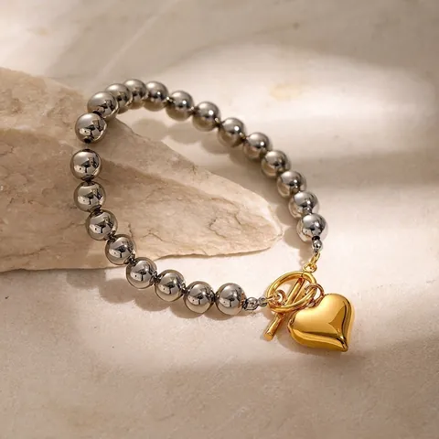 Pulsera De Cuentas De Acero Inoxidable Con Colgante De Corazón Dorado Cierre De Palanca Joyería Minimalista Mujer