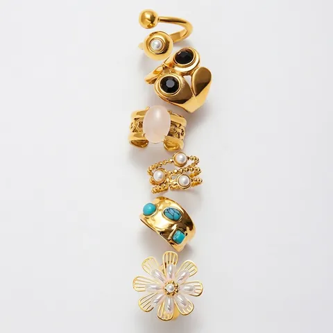 Stainless Steel Rings 18K Gold Plated Natural Stone Zircon Starfish Artificial Pearl Waterproof Hypoallergenic Bohemian For Women