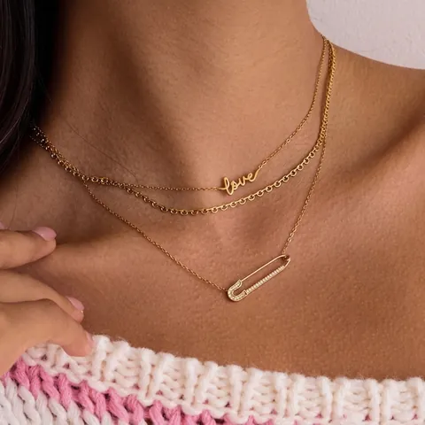 Safety Pin Pendant Necklace Stainless Steel Rhinestone Love Letter Dainty Fashion Jewelry Women Waterproof Hypoallergenic