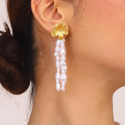 Orecchini Nappa Künstliche Perle Barocche Acciaio Inossidabile Fiore Pendenti Eleganti Gioielli Retro Francesi Per Donne
