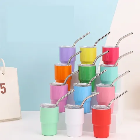 Mini Stainless Steel Tumbler Double Wall Vacuum Insulated Wine Glass With Straw And Lid Portable Coffee Cup For Travel Home