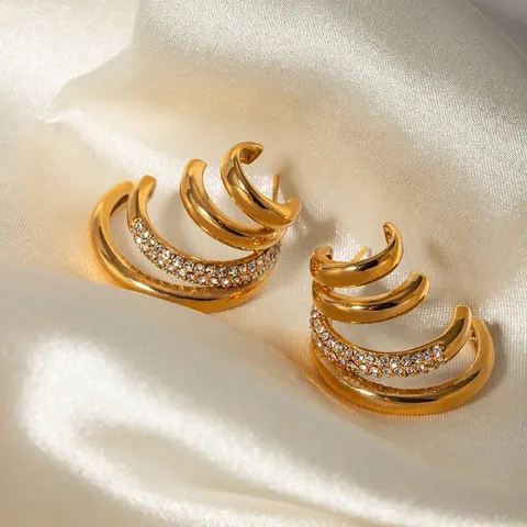 Fashion 18K Gold Plated Stainless Steel 4-Layer C-Shape Hoop Earrings Rhinestone Inlaid Geometric Earrings For Women Jewelry