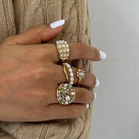 Edelstahlringe Vergoldet Kunstperle Zirkon Wasserdicht Hypoallergen Retro Barock Eleganter Schmuck Für Damen
