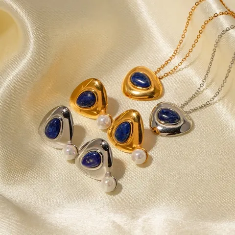 Set di Collana e Orecchini in Acciaio Inossidabile Rétro Francese con Lapislazzuli Intarsiato Ciondolo Geometrico Gioielli da Donna Oro Argento