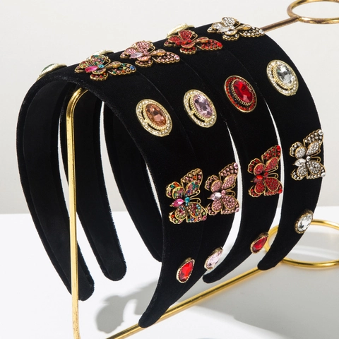 Baroque Vintage Velvet Padded Headband For Women Rhinestone Butterfly Embellished Hair Band Elegant Party Hair Accessories