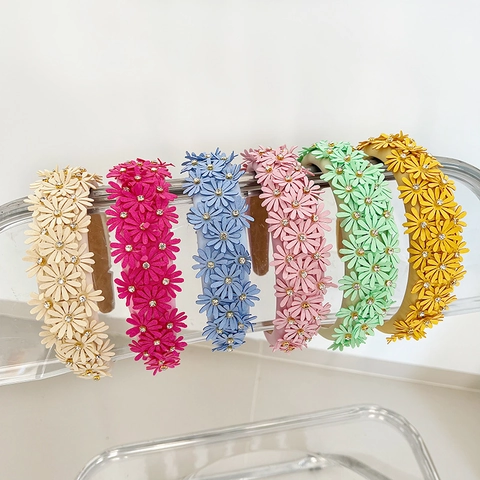 Korean Style Fresh Floral Headband With 3D Chrysanthemum Rhinestone Padded Fabric Hair Band For Women Daily Headpiece