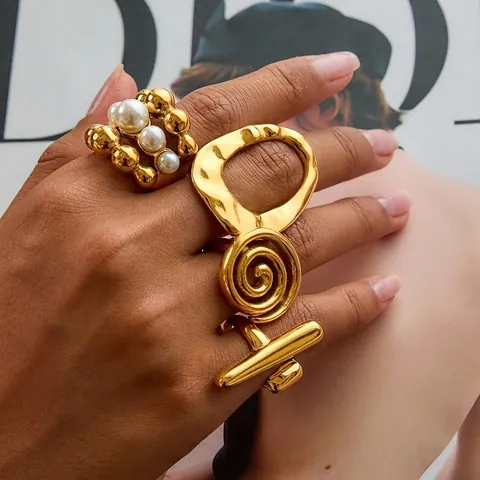 Anelli Geometrici Acciaio Inossidabile Placcato Oro Irregolare Texture Lava Cavo Perla Artificial Occhio Di Tigre Gioielli Boho Donne