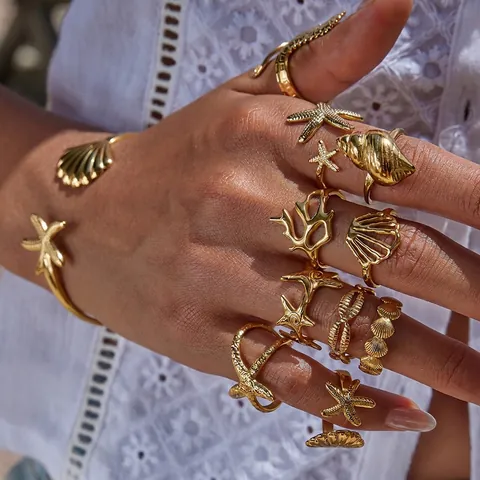 Ocean Theme Stainless Steel Rings For Women Adjustable Open Starfish Shell Seahorse Coral Shape Waterproof Jewelry