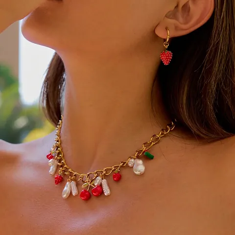 Fruit Charm Necklace Bracelet Earrings Stainless Steel Artificial Baroque Pearl Cherry Strawberry Watermelon Summer Beach Style Women