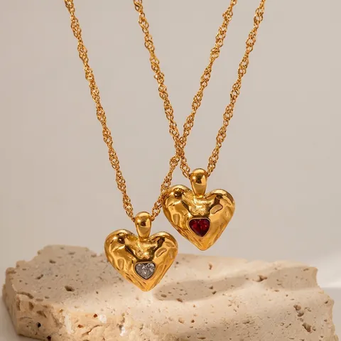 Collier Pendentif Cœur Martelée Acier Inoxydable Plaqué Or 18K Vintage Zircon Style INS Bijoux Pour Femmes