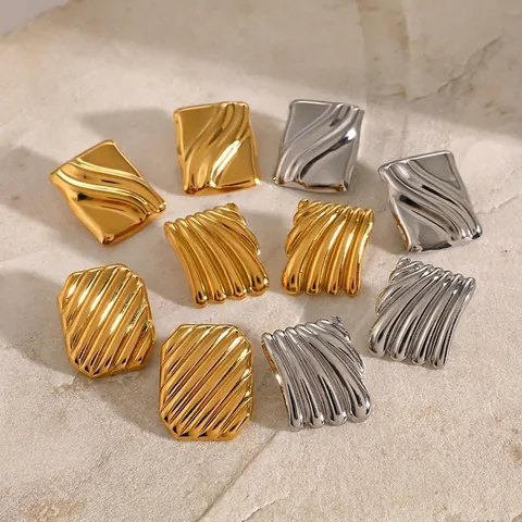 Irregular Square Ripple Texture Stud Earrings Stainless Steel Geometric Minimalist Folded Metal Fashion Jewelry Women