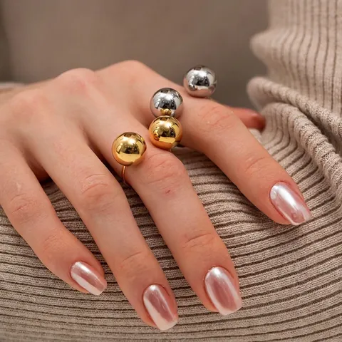 Minimalist Stainless Steel Double Ball Open Ring For Women Personalized Geometric Round Bead Fashion Finger Jewelry Gift