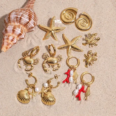 Orecchini Tema Oceano Acciaio Inossidabile Placcato Oro Stella Marina Aragosta Granchio Perla Artificial Resina Corallo Cuore Donne