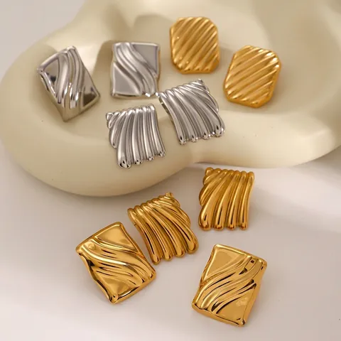 Stainless Steel 18K Gold Plated Wavy Texture Geometric Square Stud Earrings For Women Minimalist Waterproof Hypoallergenic Jewelry
