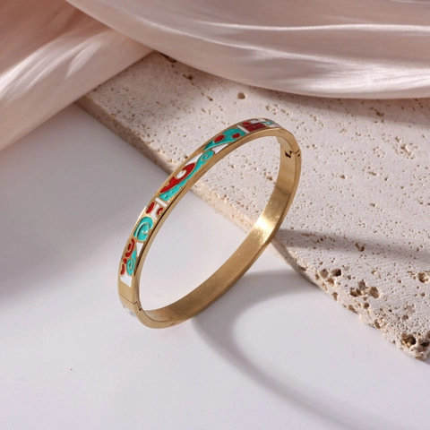 Vintage 18K Vergoldet Edelstahl Emaille Armreif Für Damen Boho Bunte Bemalte Blumenmuster Klapparmreif Schmuck