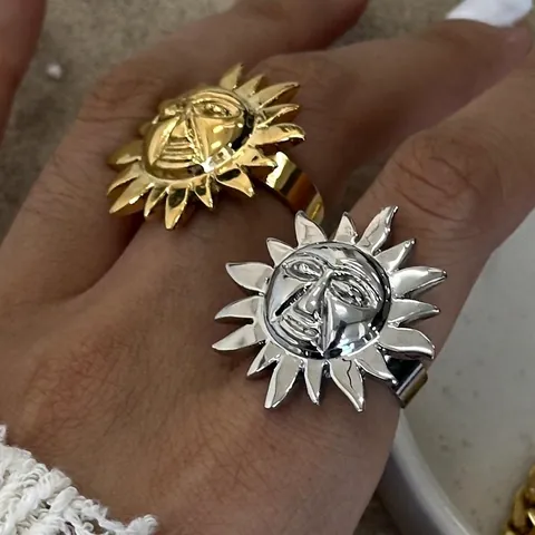 Sonnen Gesicht Offener Ring Edelstahl Übertrieben Vintage Böhmisch Relief Verstellbarer Fingerschmuck Mode Für Frauen