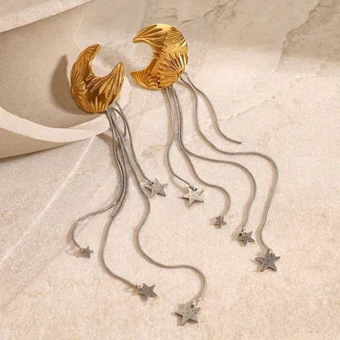 Himmelsmond Und Stern Quaste Hängeohrringe Für Frauen Edelstahl Lange Schlangenknochenkette Ohrringe Modeschmuck