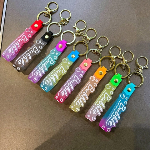 Gradient Color Rubber Strap Keychain With Golden Lobster Clasp Bubble Letter Art Pattern Fashion Bag Charm For Women Kids