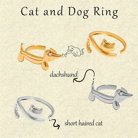 Schattige Kat Hond Dier Open Ringen Roestvrij Staal Verstelbaar Gepolijst Zirkoon Hypoallergene Mode-Sieraden Voor Dames