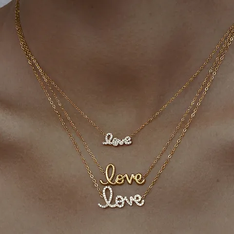 Love Letter Pendant Necklace Stainless Steel Rhinestone Layered Chain Choker Fashion Jewelry For Women Waterproof