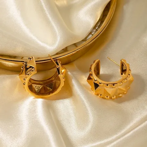 Stainless Steel C Shaped Hoop Earrings With Geometric Pyramid Studs Rivets Punk Rock Industrial Style Jewelry For Women