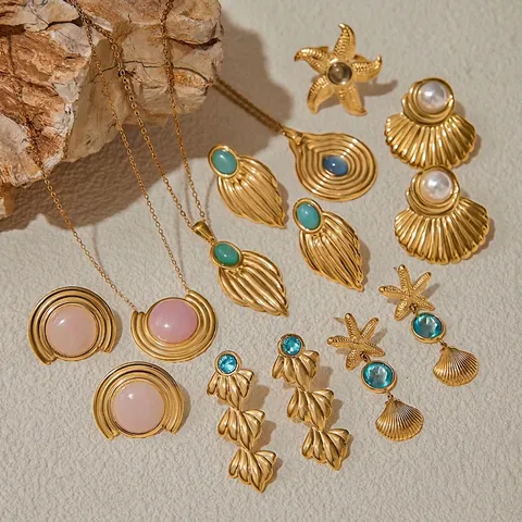 Gioielli Tema Marino Acciaio Inossidabile Stella Marina Conchiglia Gemma Perla Artificial Collana Orecchini Anello Donna Boho