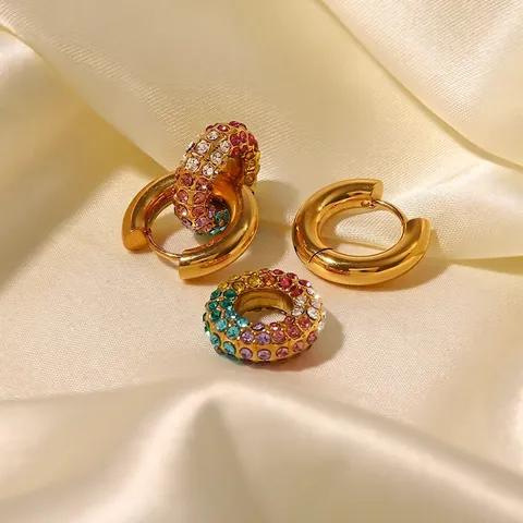 18K Vergulde Roestvrijstalen Regenboog Strass Oorringen Voor Dames Mode Donut Cirkel Oorbellen Sieraden Cadeau